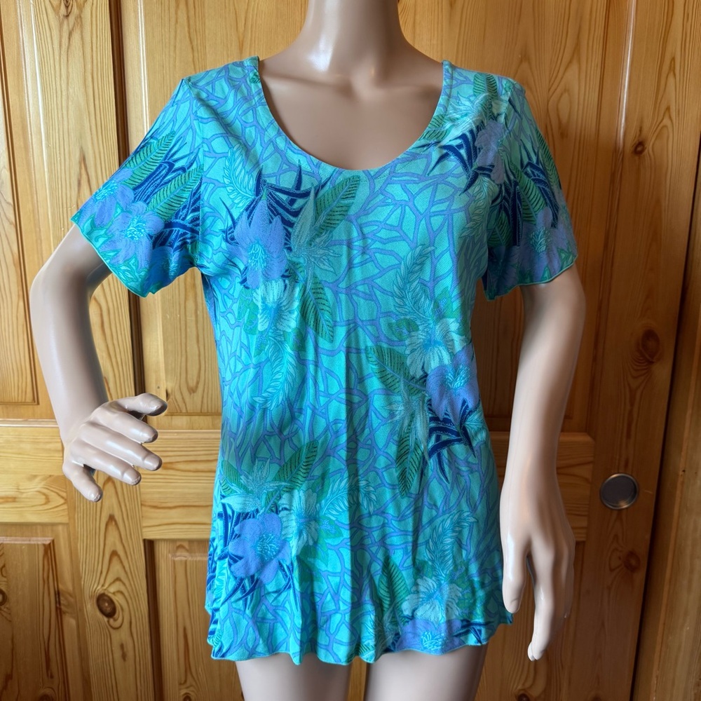 Rainbow Jo Floral Tropical Beach Top Size L Rayon Blue Purple Boho